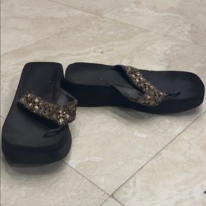 Bronze Blingy Jeweled Wedge Flip Flops